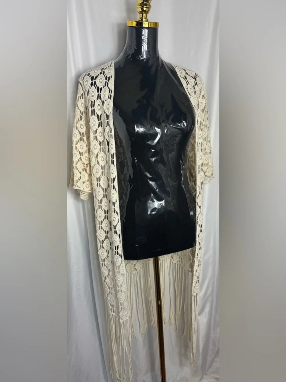 Rebellion Again 100% cotton fringe boho crochet kimono duster Small NWOT - Picture 5 of 14